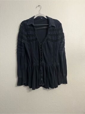 Free People boho lace black Button-Down Peplum Blouse